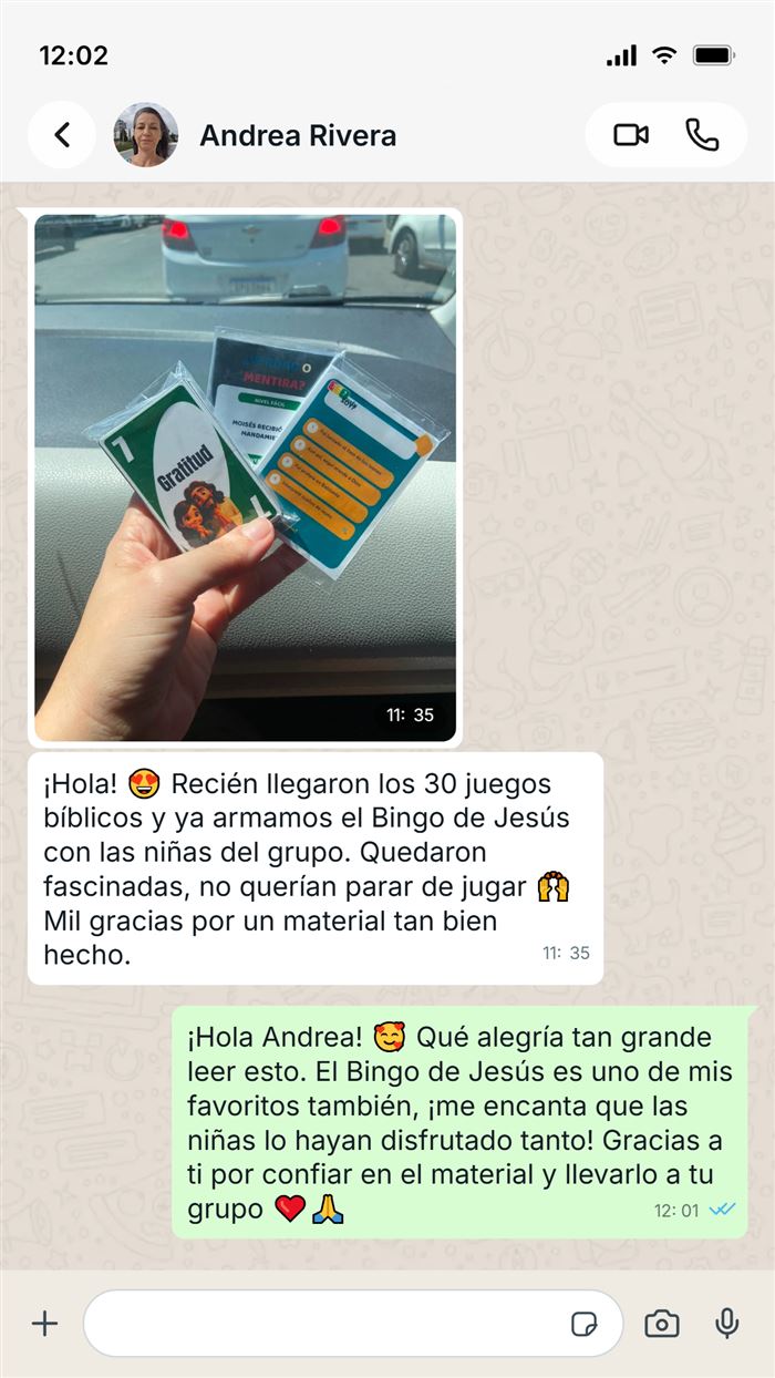 Andrea Rivera agradeciendo por WhatsApp por los 30 Juegos Bíblicos