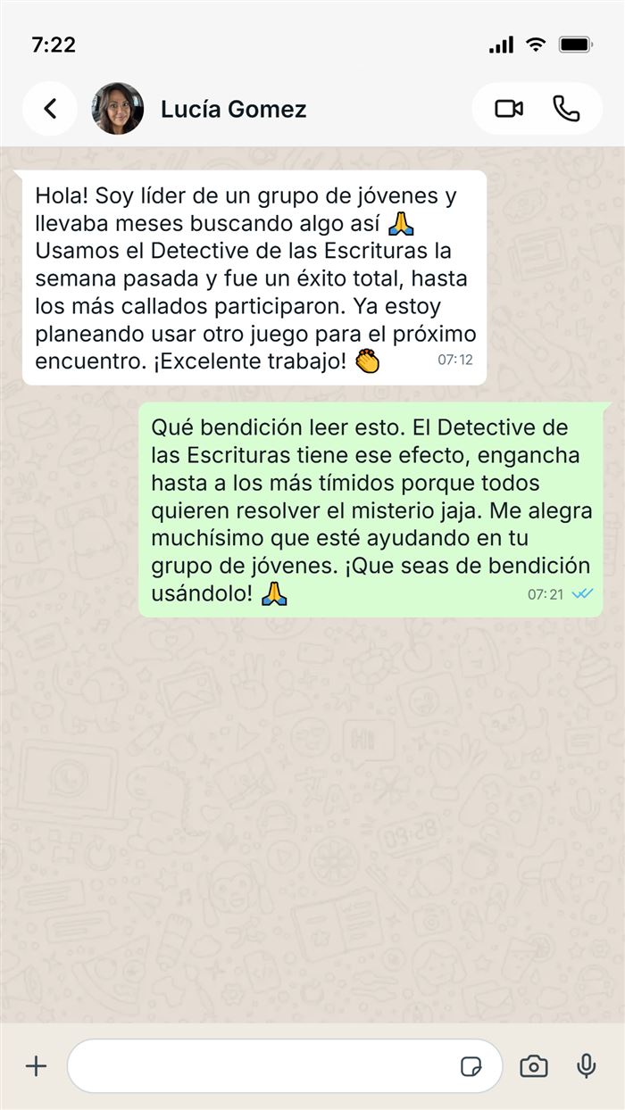 Lucía Gomez agradeciendo por WhatsApp por los 30 Juegos Bíblicos
