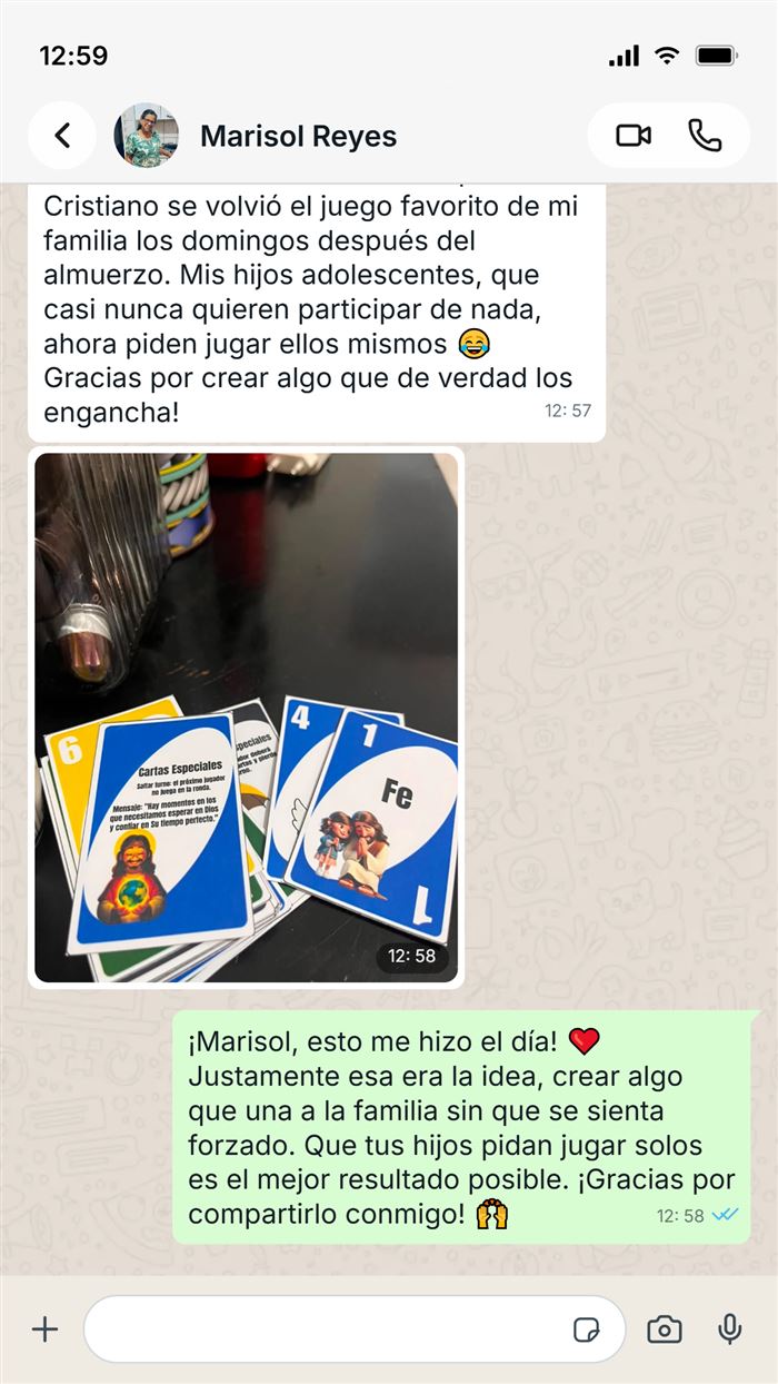 Marisol Reyes agradeciendo por WhatsApp por los 30 Juegos Bíblicos
